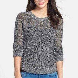 Lucky Brand Womens Black Metallic Silver Pointelle Fitted Sweater Shimmer Sz S